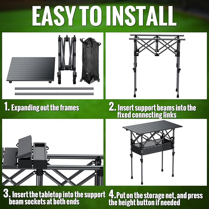 GARLLEN Folding Camping Table, 2-Height Adjustable Portable Picnic Table with Roll-up Tabletop, Lightweight Aluminum Outdoor Table with Storage Net & Carrying Bag for Camping, Picnic, BBQ