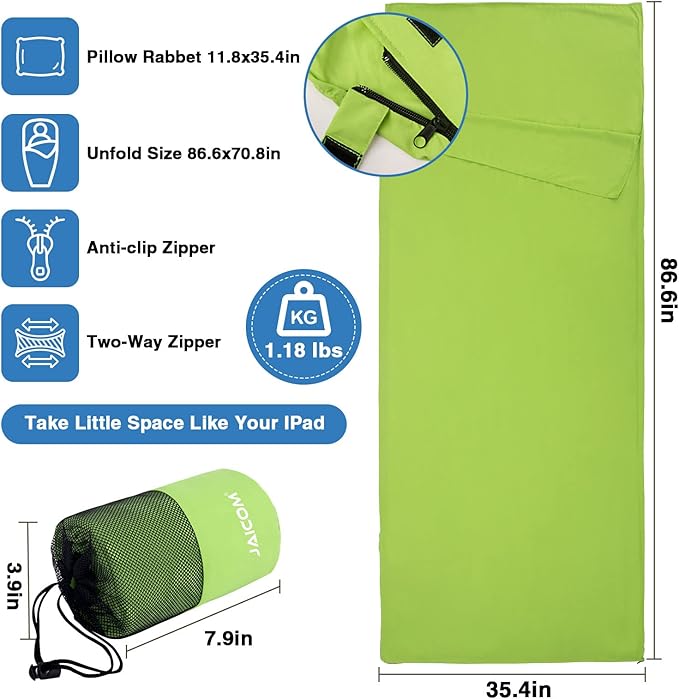 JAICOM Sleeping Bag Liner, Travel Sheets & Adult Sleep Sack, Ultralight and Portable Summer Sleeping Bag - Ideal for Backpacking, Hotels and Hostels, Business Trips, Camping