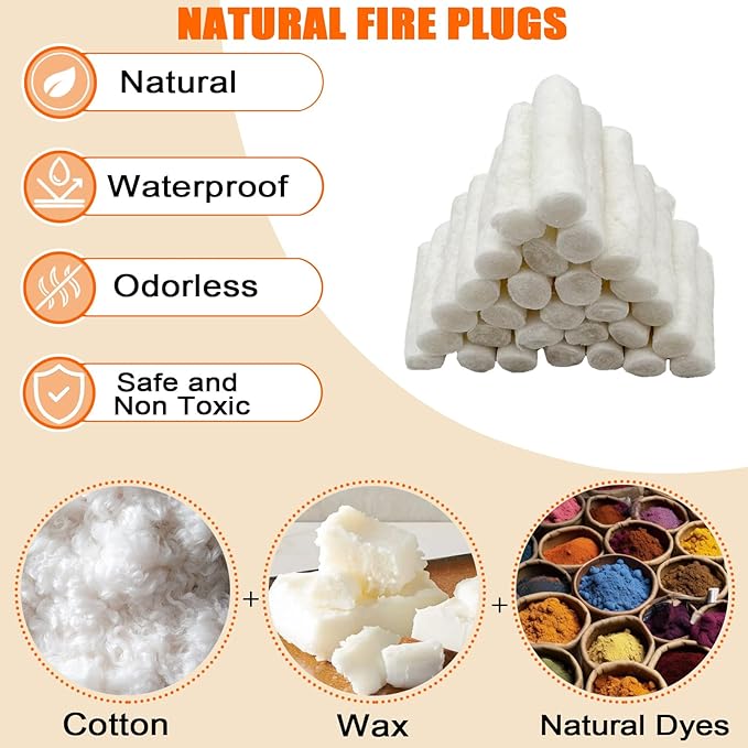 E500 Fire Plugs, 50 Pack Fire Starters with 5+ Minute Burn Time, Easy Ignition Fire Starter for Camping, Fire Pits, BBQ & Emergencies