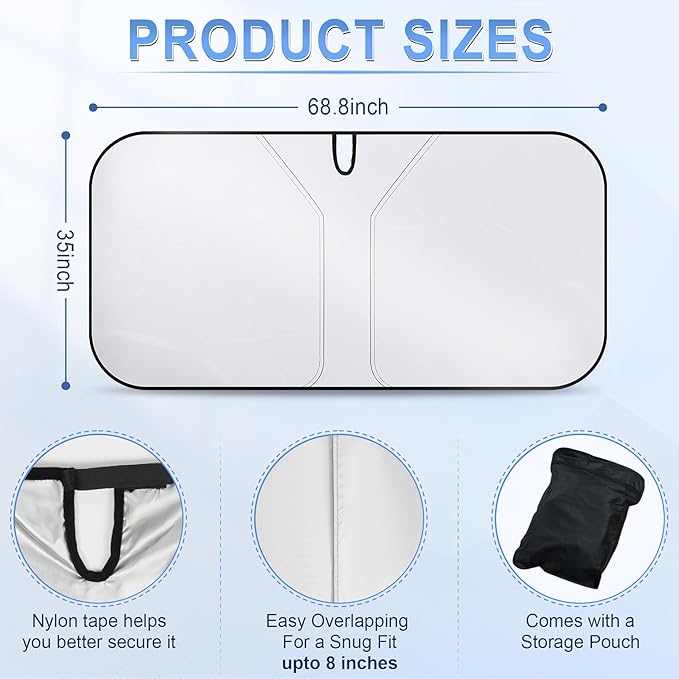 SINGARO 300T Universal Car Windshield Sun Shade, Foldable Reflective for Windshield & Window Shades with Overlapping Design, Car Interior Accessories (68.8" L x 35" W)