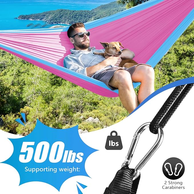 OBTANIM Camping Hammock 500lbs Portable Lightweight Single or Double Hammock with Tree Straps and Carry Bag for Camping Backpacking Hiking Travel Beach Outdoor Indoor (Blue and Pink)