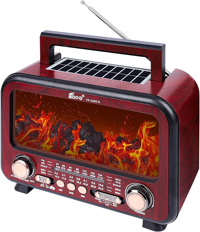 Retro Portable Radio AM FM SW Shortwave Radio with Bluetooth Speaker,Flame Atmosphere Lamp Battery Operated,SUB Charging, TF Card (Maroon)