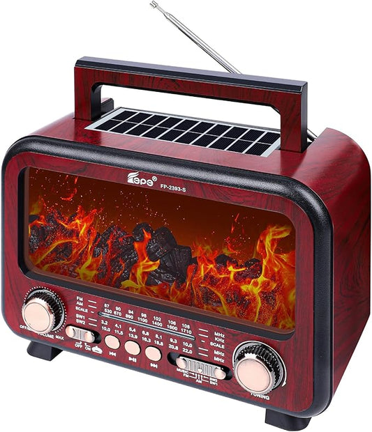 Retro Portable Radio AM FM SW Shortwave Radio with Bluetooth Speaker,Flame Atmosphere Lamp Battery Operated,SUB Charging, TF Card (Maroon)