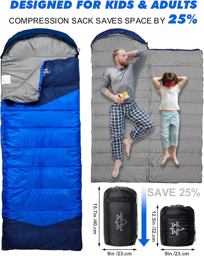 Lightweight 3-Season Sleeping Bag for Adults/Kids Camping, Compact w/Compression Sack, Waterproof Ripstop, Portable for Backpacking Hiking Travel
