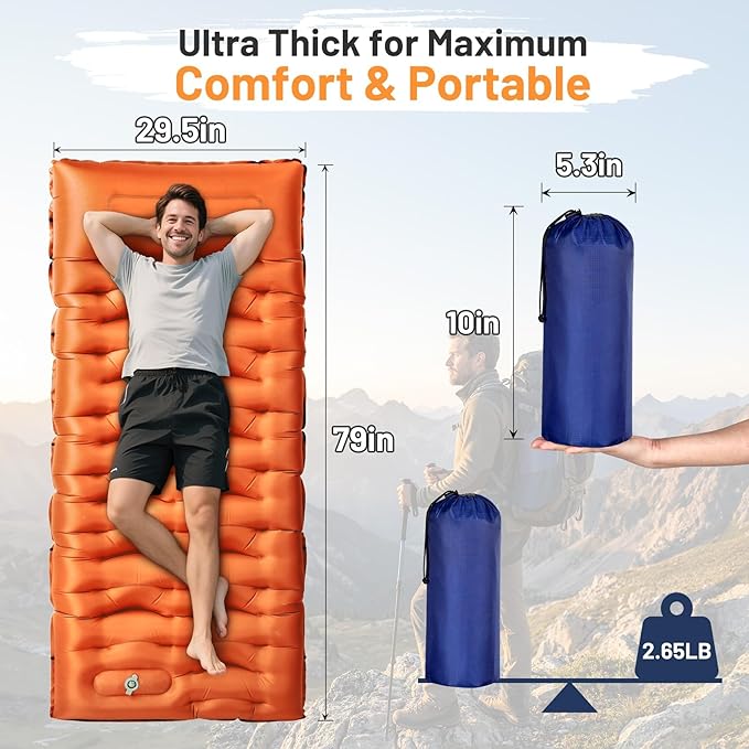 KASBAH Camping Sleeping Pad,Extra Wide 6 inch Thick Inflatable Sleeping Pads with Built-in Foot Pump and Pillow,Ultralight Camping Mat Gear for Outdoor Hiking,Camping