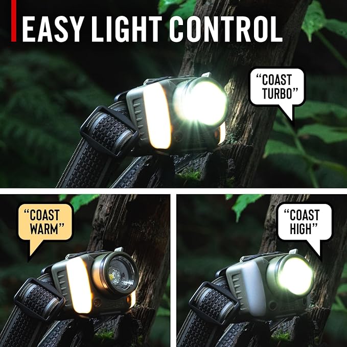 Coast FL97R Voice-Controlled 1200 Lumen Rechargeable LED Headlamp with Pure Beam® Spot & Flood, ARC Lighting, Red & Green Color Modes, Glide Focus™ Radial Arm Dial and USB-C Charge Port, Forest Green