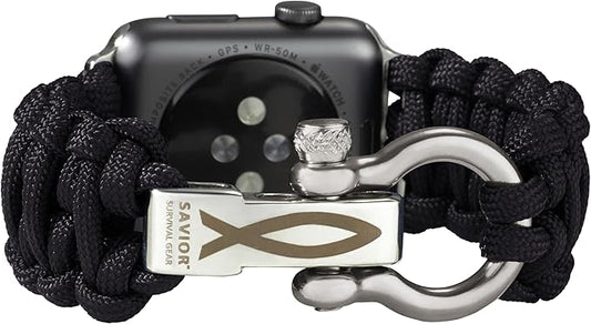 Savior Survival Gear Paracord Watch Band,Compatible with Apple Watch Band 49mm 46mm 45mm 44mm 42mm,iWatch Band Series Ultra 10 9 8 7 6 5 4 3 2 1 SE,Adjustable strap for men(Black w/ Gray Clasp, Large)