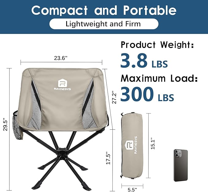 Raynesys Portable Camping Chair 2 Pack, 8 Seconds Quick Setup Folding Camping Chair, Flexible 360° Rotation, 3.8Lb Lightweight Travel Chairs for Easy Carry to Hiking, Sporting, Beach, Khaki