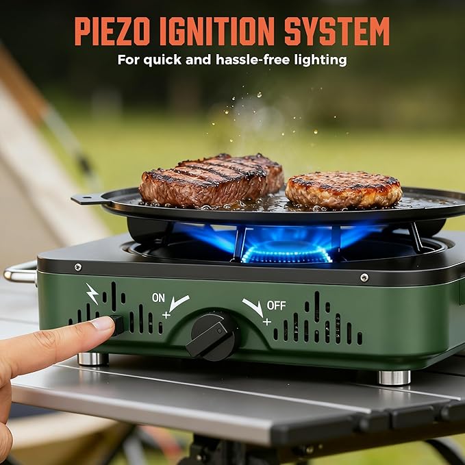 BIG HORN OUTDOORS 2 Burner Propane Camping Stove, Portable Camp Stove, Folding Gas Stove, Includes Frying Pan & Carry Bag for Camping, Emergency Use and Outdoor Cooking