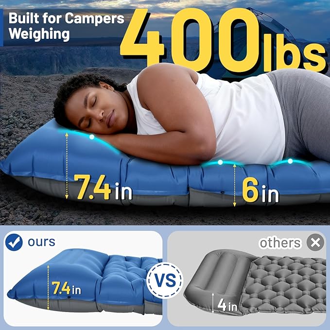 Camping Sleeping Pad, Extra Thick 6 Inch Camping Mat with Pillow Built-in Foot Pump Ultralight Inflatable Sleeping Pads Compact for Hiking Backpacking Camping Traveling Tent, Portable Sleeping Mat