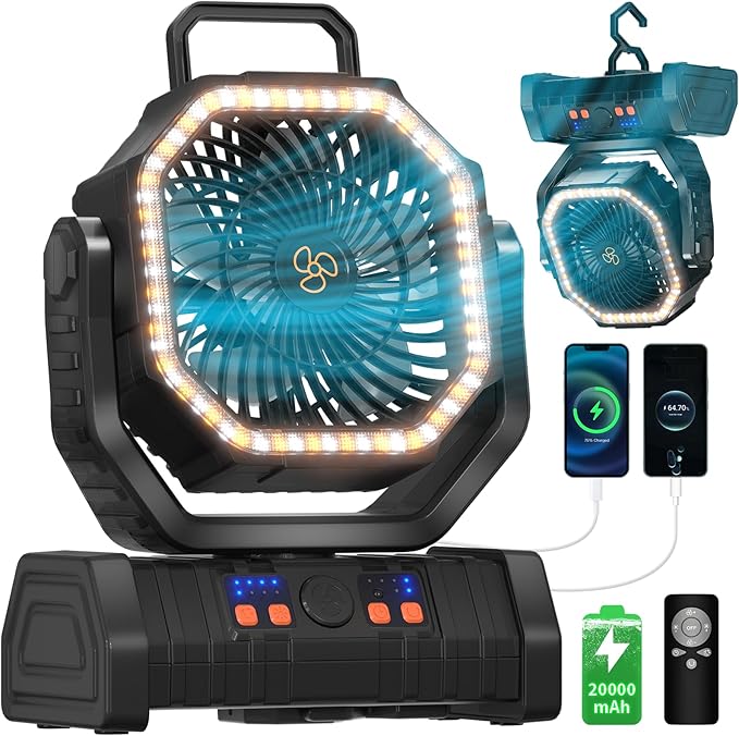 Battery Operated Fan Portable Battery Powered Outdoor Camping Tent Fan with LED Lantern Light 20000mAh Rechargeable, Oscillating, 360° Rotating Hanging Hook, Cordless USB Desk Fan(Black)
