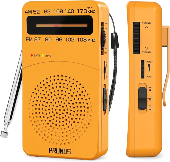 PRUNUS J-166 Portable Radio AM FM, Gifts for Dad and Mom, Battery Operated Radio with Tuning Light, Back Clip, Excellent Reception, AM FM Radios Portable, Transistor Radios