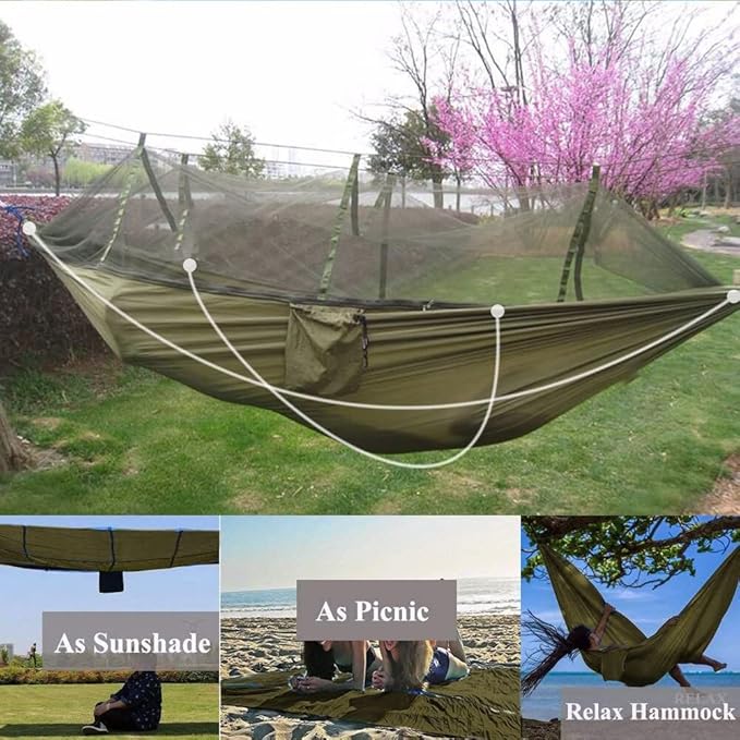 KEPEAK Camping Hammock with Net Netting, Single & Double Tree Hammock Net, Lightweight Nylon Portable Hammock for Backpacking, Camping, Travel, Beach, Yard Army Green