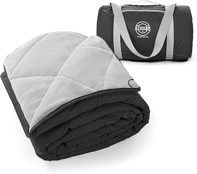 STOVER Large Waterproof Outdoor Stadium Blanket- Extra Thick Soft Fleece Camping Blanket for Travel, Picnics, Sports, Dogs- 79"x55", Warm, Windproof, Sand-Proof, Lightweight, Packable (Stadium Black)