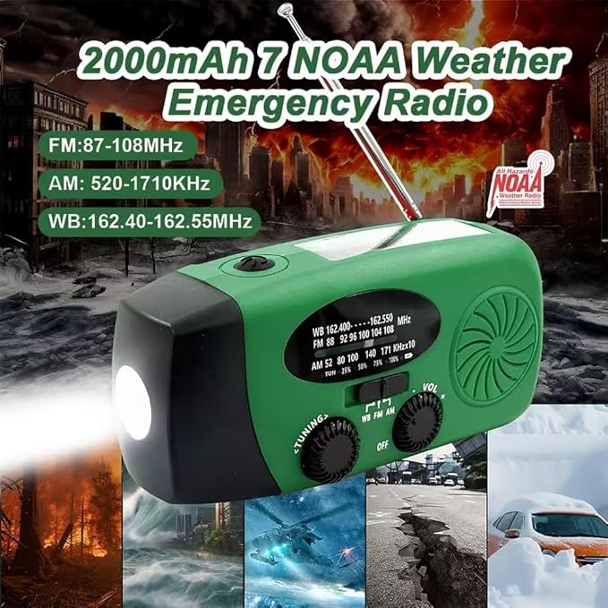 2000mAh/7400mWh Emergency Hand Crank Radio, NOAA Emergency Weather Radio Flashlight (Army Green)