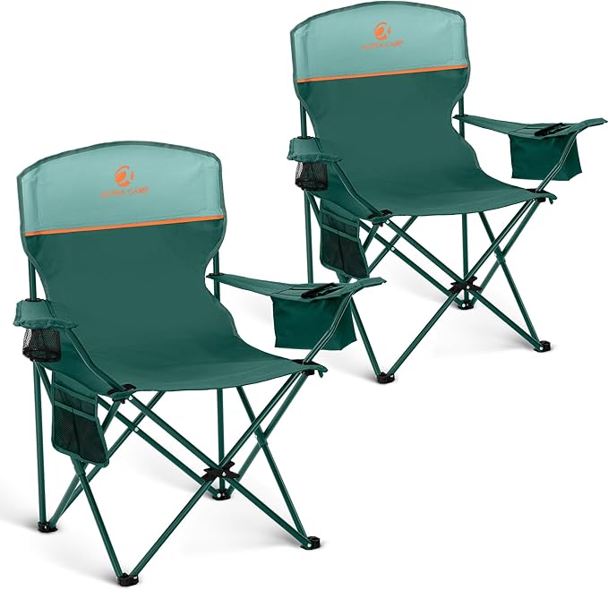 HIGH POINT SPORTS 2 Pack Portable Camping Chair for Adults, Folding Outdoor Camp Chair Lightweight Lawn Chairs Folding Collapsible Chair for Camping, Tailgates, Beach, Green, Support 350lbs