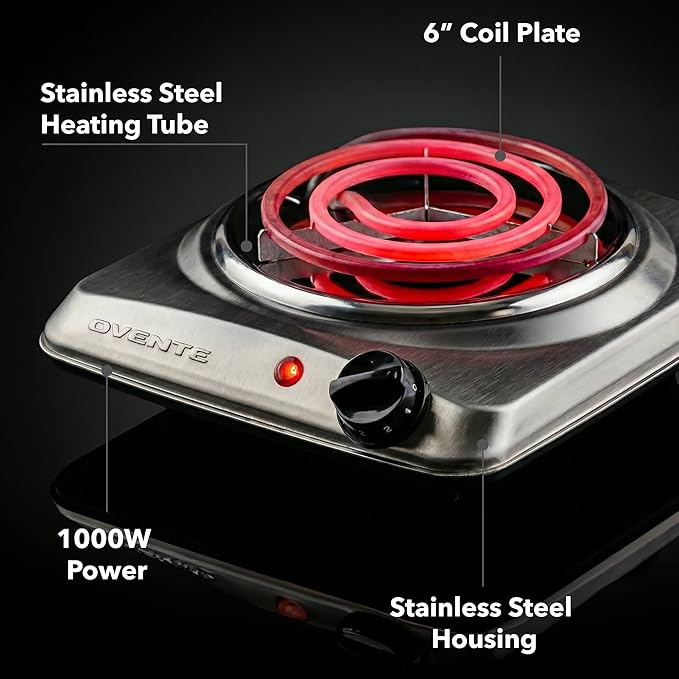 OVENTE Electric Countertop Single Burner, 1000W Cooktop with 6" Stainless Steel Coil Hot Plate, 5 Level Temperature Control, Indicator Light, Compact Cooking Stove and Easy to Clean, Silver BGC101S