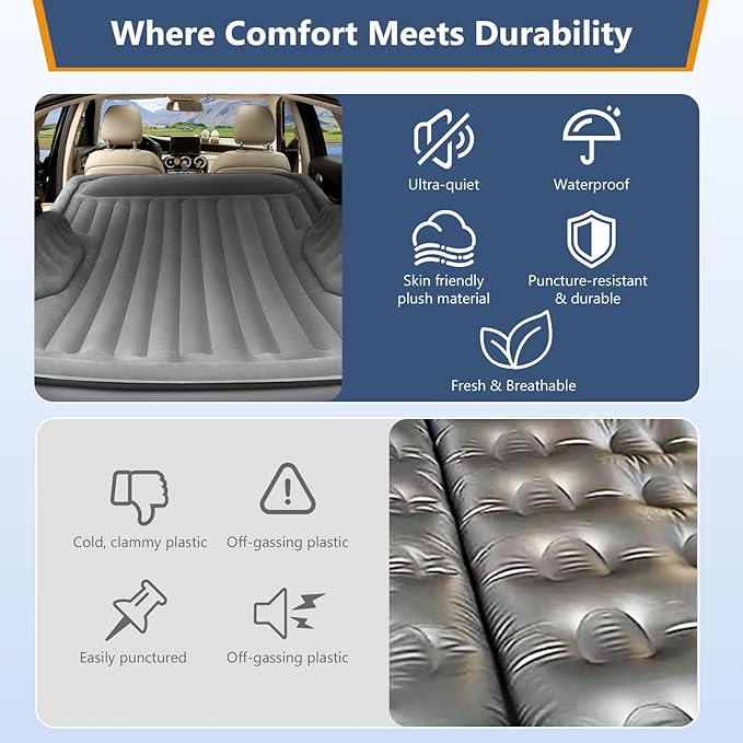 Self-Inflating SUV Air Mattress with Built in Electric Pump，car air Mattress with Pillow for Trunk，Portable car Mattress for Travle and Camping, Gray
