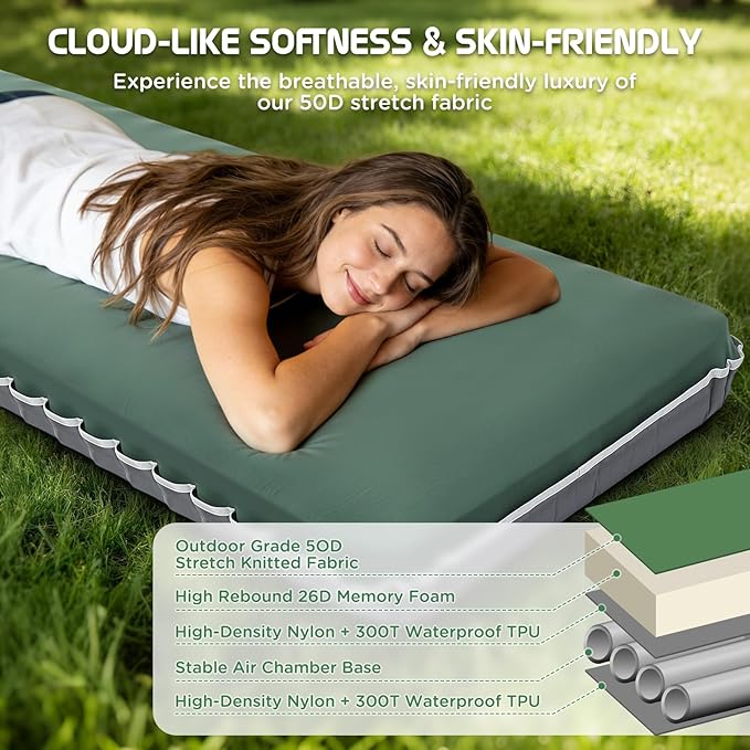 Elegear Air & Foam Self-Inflating Sleeping Pad, CumbreX™ 4" Ultra-Thick Memory Foam Camping Mattress Pad with Air Pump, Compact R-Value 9.5 4-Season Camp Mat for Travel Outdoor - Single Army Green