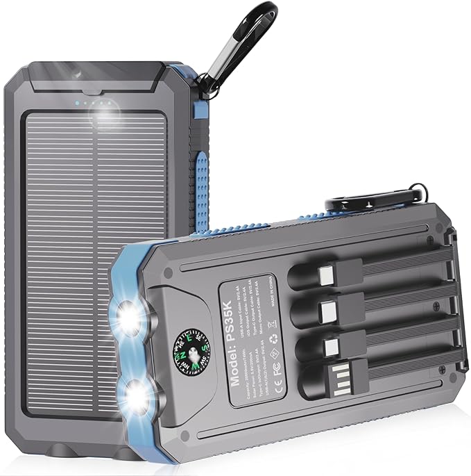 Solar Charger Power Bank 20000mAh Portable Charger with 4 Built-in Cables and USB-C in/Output, Dual Emergency Flashlights, Waterproof Outdoor Battery Pack for Camping, Hiking, Travel, and Storm Prep