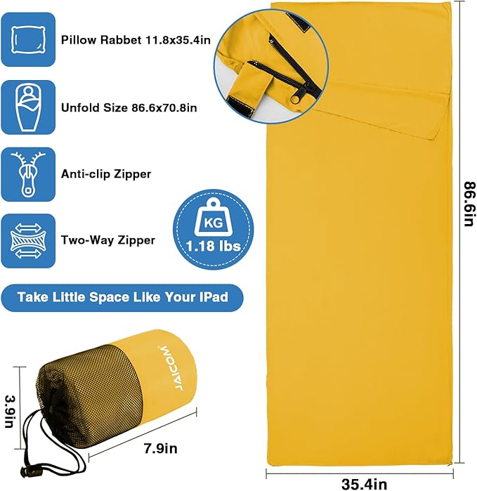 JAICOM Sleeping Bag Liner, Travel Sheets & Adult Sleep Sack, Ultralight and Portable Summer Sleeping Bag - Ideal for Backpacking, Hotels and Hostels, Business Trips, Camping