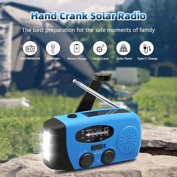 WVL Hand Crank Weather Radio, NOAA Emergency Radio Portable AM/FM Solar Powered 7400mWh with Flashlight, SOS Siren & Phone Charger for Camping & Survival(Blue)