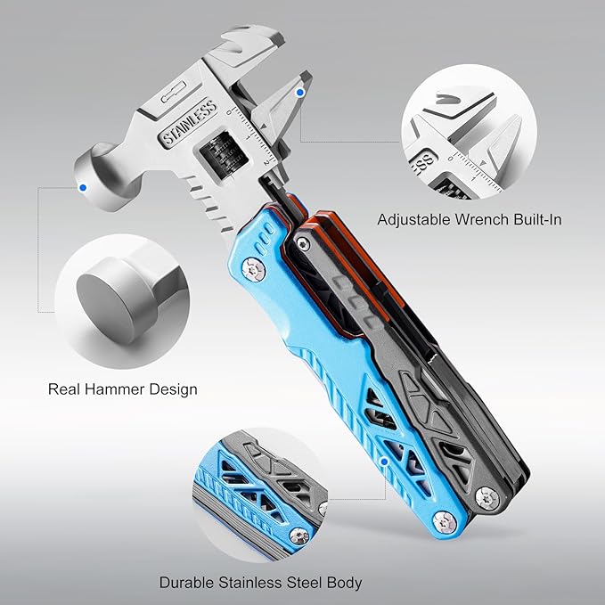 18-in-1 Multitool with Hammer & Adjustable Wrench, Heavy-Duty Stainless Steel Folding Multi Tool Pliers for Camping, Survival & Emergency, Practical Gifts for Men & Dad (Blue)