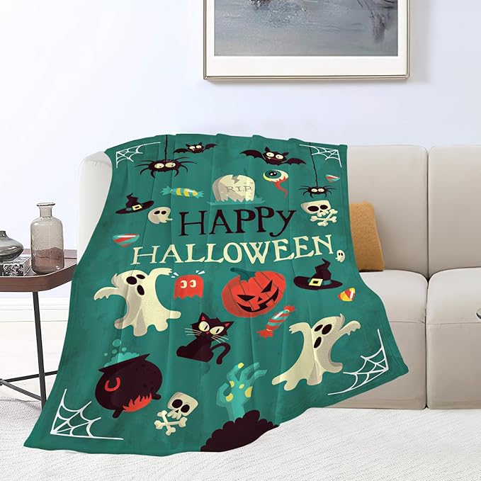 Happy Halloween Blanket Soft Ghost Bat Throw Blanket Spooky Decor Warm Lightweight Flannel Fleece Plush Bedding Halloween Blanket Gifts for Girls Boys Women Adults 50"x60"