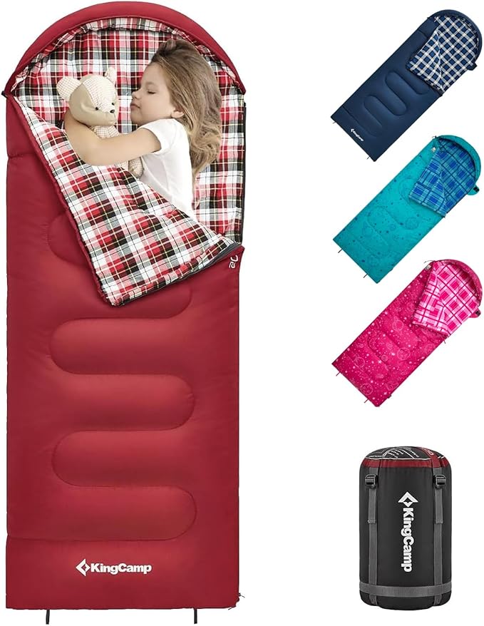 KingCamp 45°F Kids Sleeping Bag, Lightweight Waterproof & Compact Flannel Sleeping Bags Cold Weather & Warm Youth Essentials Gear Accessories for Camping, Fits 10-12 Children up to 4'7"-5'5" Tall