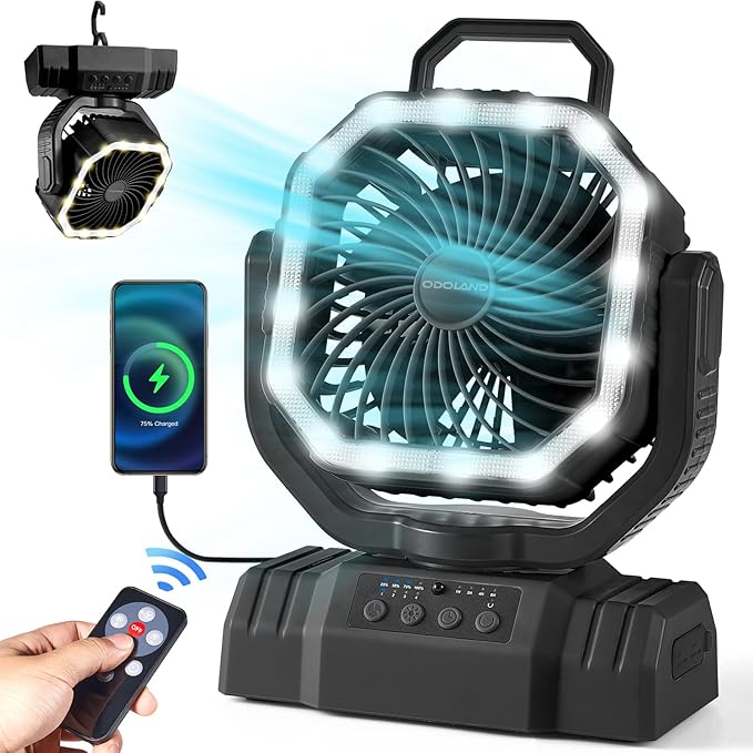Odoland Portable Camping Fan with LED Lantern, 20000mAh Rechargeable Battery Powered Fan with Auto Oscillation, Timer, Remote, 360° Rotation Hook, 4 Speeds for Power Outage Travel Home,Black