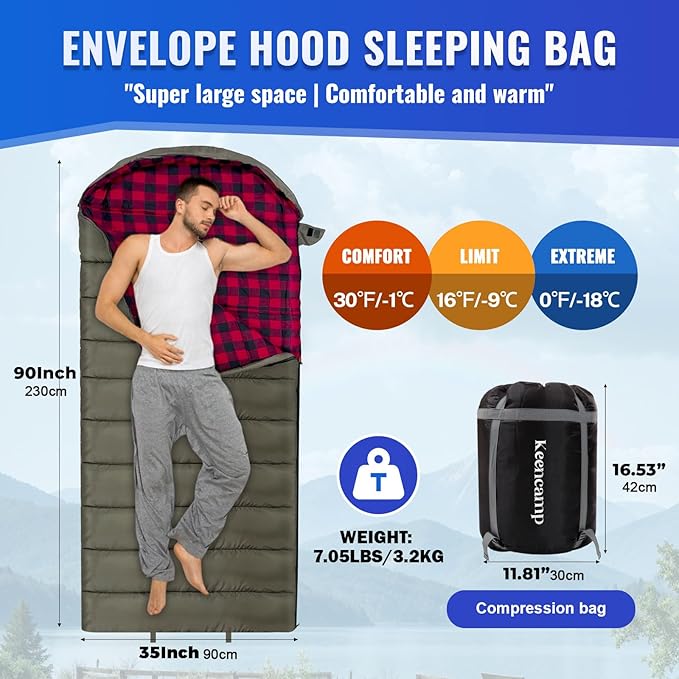 Keencamp 0 Degree Sleeping Bag Cotton Flannel Winter Cold Weather for Adults XXL Sleeping Bag 4 Season Big and Tall with Pillow Compression Sack