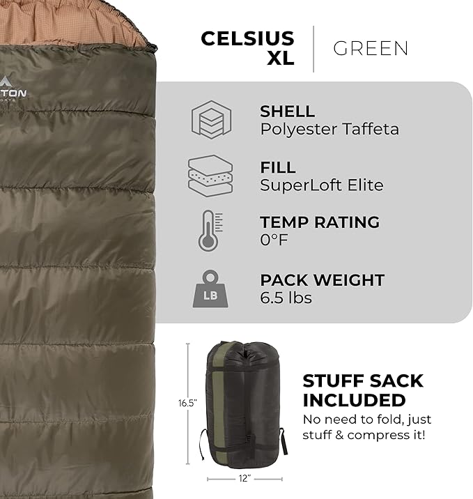 Teton Celsius XL, 25F, 20F, 0F Degree Sleeping Bags, All Weather Warm Sleeping Bag for Adults and Kids, Camping Season, Compression Sack Included
