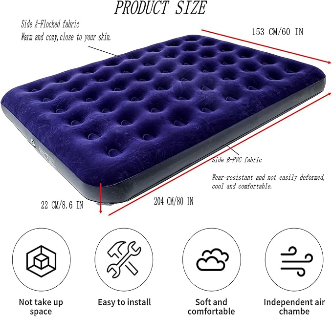 Onirii Queen Size Double Camping Air Mattress Bed with Air Pump,Inflatable Mattress,80"x 60"Thickened Portable Blow Up Air Mattress,Travel Sleeping Bed Pad for Camping Home Hiking