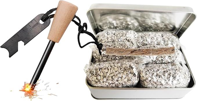 eGreen Fire Starter Kit – 6 Magnesium Shaving Packs, 3.15" Ferro Rod with Wooden Handle– 12000+ Strikes, 0.3"x4" Wax Rope, Multi-Tool Scraper, Waterproof Survival Tin