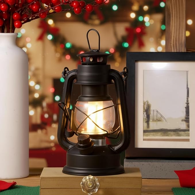 Hortsun 4 Pcs 8 Inch Vintage LED Hurricane Lantern Metal Black Outdoor Battery Operated Hanging Lantern with Warm LEDs and Dimmer Switch for Indoor Rustic Farmhouse Country Camping Decor