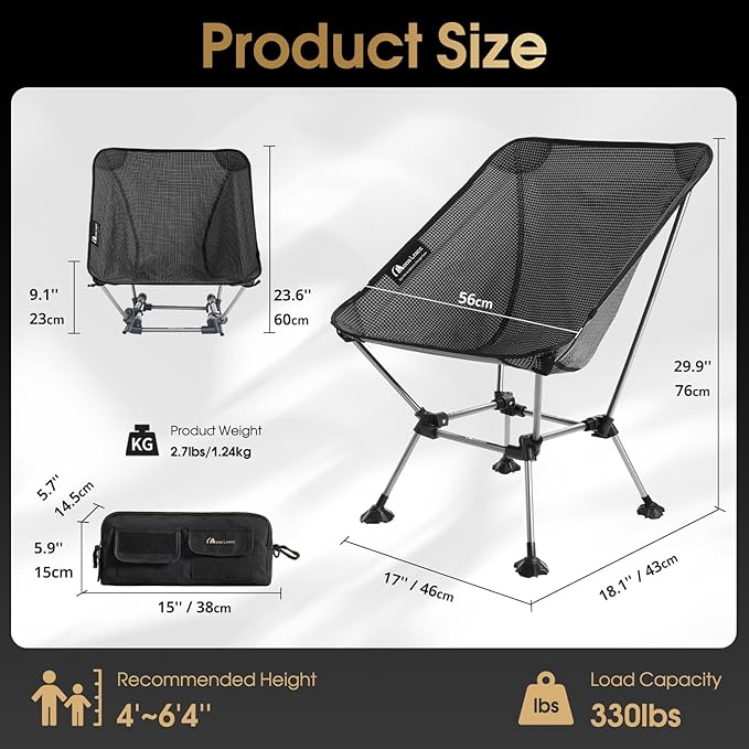 MOON LENCE Camping Chair Plus, Upgraded Comfort & Size, Still Compact and Lightweight, Folding Portable Chair for Backpacking & Hiking, 400Lbs Capacity, Gen 3 Plus (Onyx)