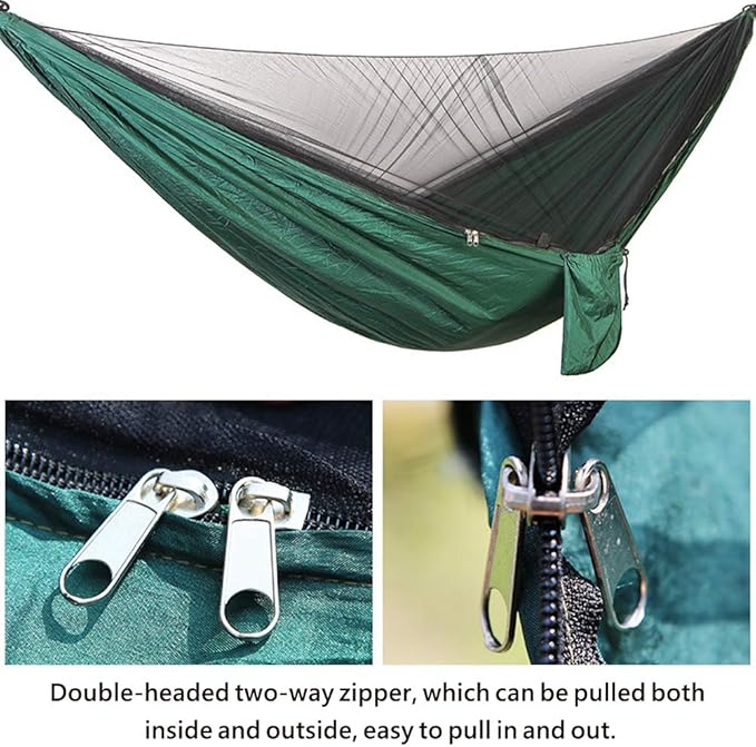 Camping Hammock, Double & Single Portable Hammock with Tree Straps, Lightweight Nylon Hammock Swing Set with Net and Rain Fly Tarp and Pocket for Backpacking Hiking Travel Outdoor(Green+Green)