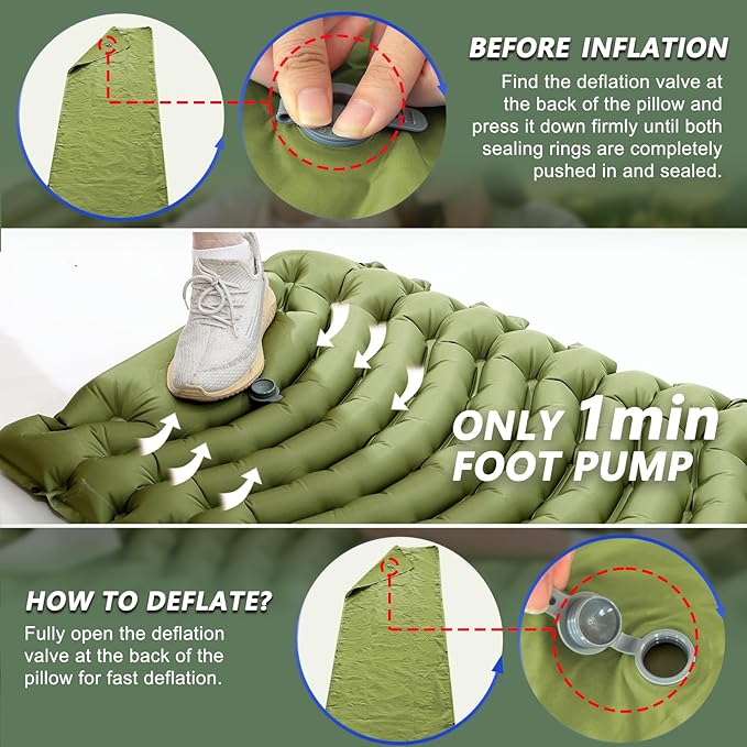 Sleeping Pad for Camping - Ultralight Camping Mattress with Pillow, Built-in Foot Pump, Compact Inflatable Portable Mat for Backpacking, Hiking, Car Traveling, Beach, Tent