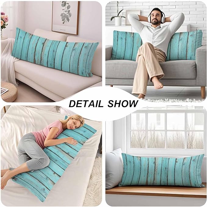 Blue Wood Body Pillow Pillowcase Turquoise Wooden Teal Farmhouse Body Pillow Cushion Covers, 20x54 Inch Bedding Body Pillows Protector Large Pillow Cases for Home Couch Sofa