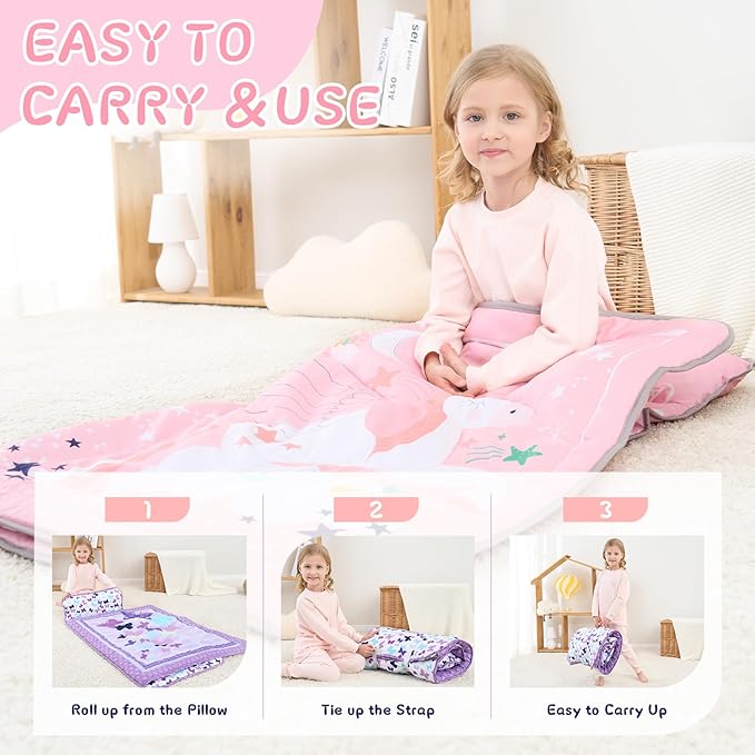UOMNY Toddler Nap Mat - 1 Pack Girls Sleeping Bag with Removable Pillow - Unicorn 53x21Inch Kids Preschool Nap Sack with Pillow Pink Girls Napper Nap Mats for Daycare Napping Bag for Girls