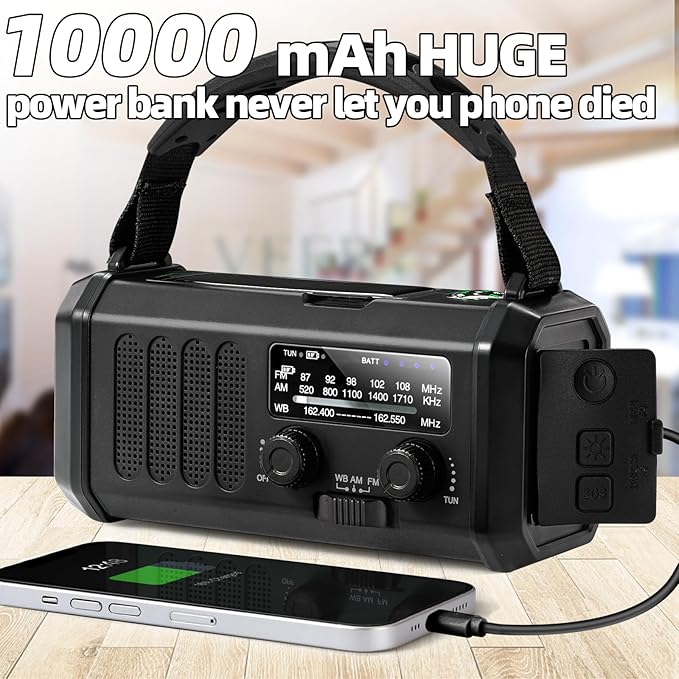 QAUYYW Hand Crank Emergency Radio,37000mWh Solar Powered Portable NOAA AM FM Weather Radio with 3Mode Flashlight and Reading Light,Cell Phone Charger,Home and Emergency Distress Signal (Black)