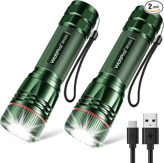 WdtPro Rechargeable Flashlights High Lumens, 2 Pack 10H Long Lasting Super Bright EDC Flashlight, LED Mini Tactical Flash Lights for Camping Emergency, Drop & Water Resistant Green(Battery Included)