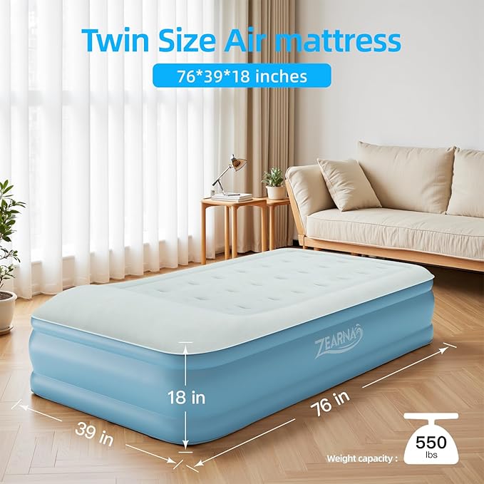 Zearna Twin Air Mattress with Built in Pump Raised, Blow Up Mattress 18 Raised Comfort, Upgraded Portable Air Bed with Pillow, Inflatable Mattress for Travel, Home and Guest, 550 lbs Max
