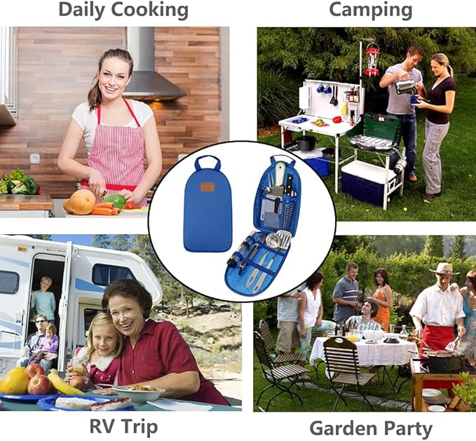 Gold Armour 13 Piece Camp Kitchen Utensil Organizer Travel Set - Essential Outdoor Camping Gear & Accessories Kit, Portable BBQ Camping Cookware Stainless Steel Travel Kit Equipment