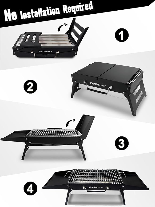 Charmline 15x11 inches Portable Charcoal Grill, Compact Portable BBQ Grill, Tabletop Charcoal Grills for Camping, Picnics, Gardens and Beach Parties, Black