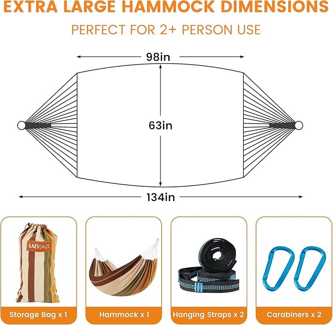Lazy Daze Hammocks Double Brazilian Cotton Hammock, Extra Large Portable Outdoor Camping Hammock with Tree Straps & Travel Bag for Backyard Patio Poolside Indoor, 550lbs Capacity, Brown & Khaki