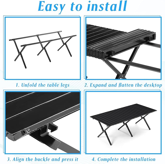 Suzile 2 Pack 4FT Folding Camping Table, Roll Up Portable Camp Table with Carry Bag, Low Collapsible Lightweight Aluminum Outdoor for Camping, Picnic, Beach, Patio, Kitchen(Black)