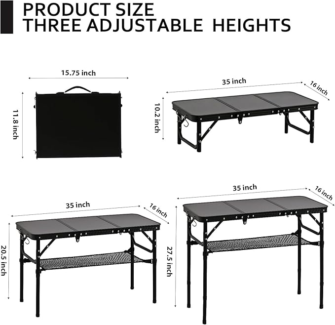 YihuiKo Folding Picnic Table with Storage Net, Matte Black Aluminum Folding Table 35" x 16", Adjustable Height Max 27.5", Lightweight Portable for Camping Travel Grill Indoor