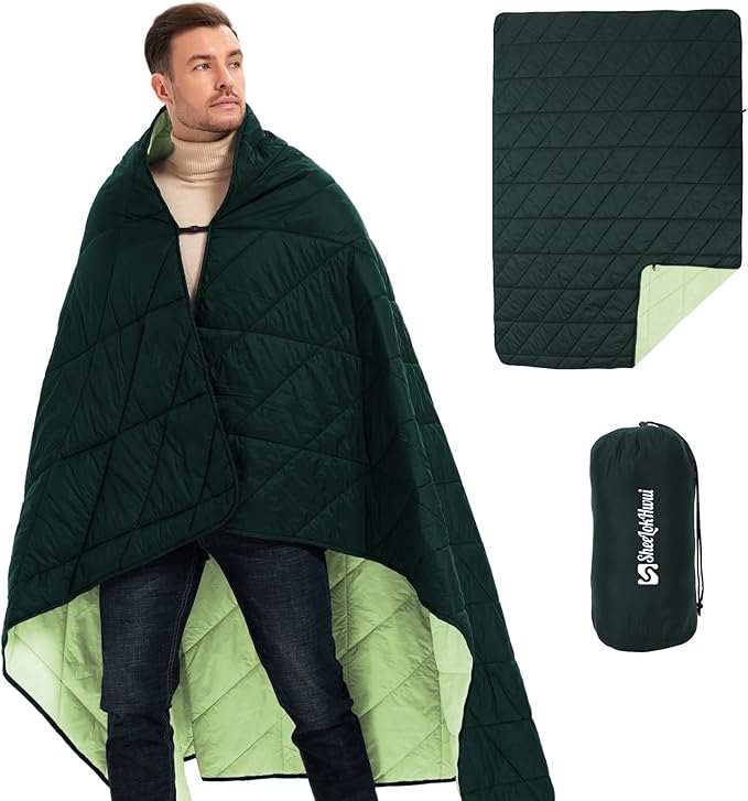 Outdoor Puffy Blanket, Reversible Warm Camping Blanket, Water-Resistant, Packable, Lightweight, Camping Quilt, for Stadium, Backpacking, Hammock, Picnic. 79"x55". Teal Green.