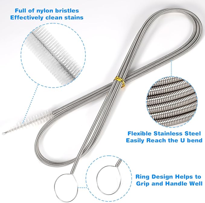 Ixiaoyoo Cleaning Brushes Set, 10 Pieces 8 Inch Nylon Tube Brush + 60 Inch Flexible Long Drain Brush, Hose Pipe Brush, Suitable for Home Kitchen, Bathroom, Fish Tank, Water Pump Accessories (White)
